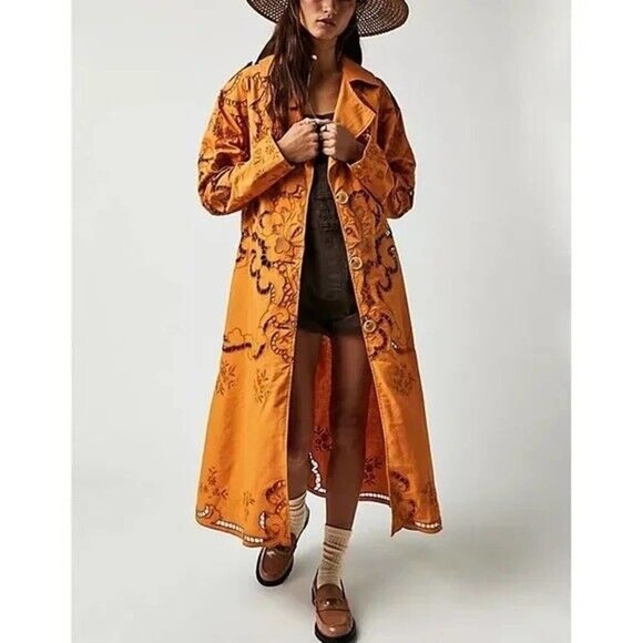 Free People Susanna Cutwork Embroidered Lace Longline Duster Jacket Pumpkin XS - Picture 1 of 15